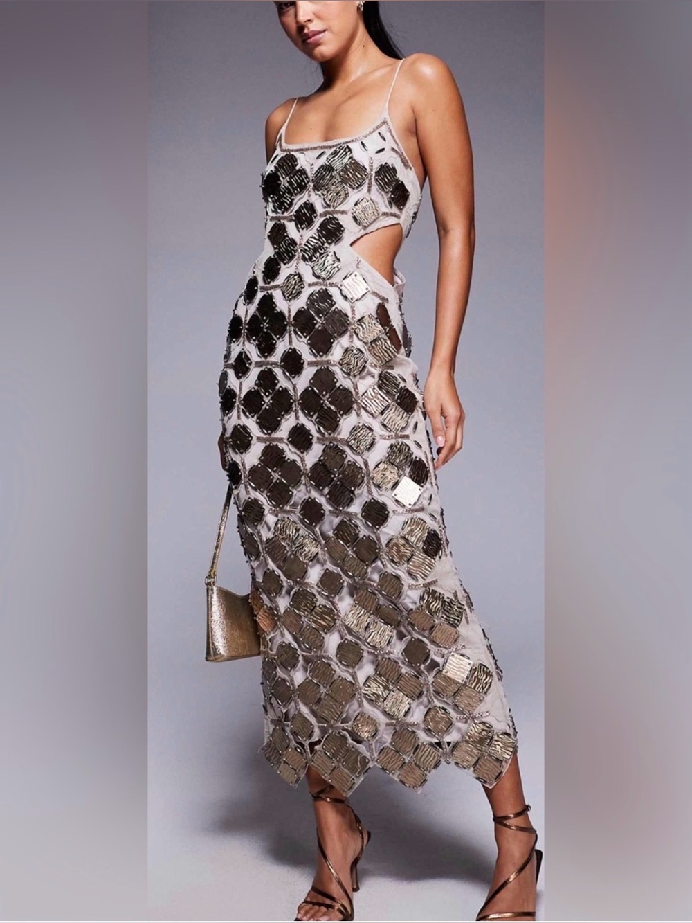 Embellished Sequined Cutout Slip Dress in Gold and Cream size 6